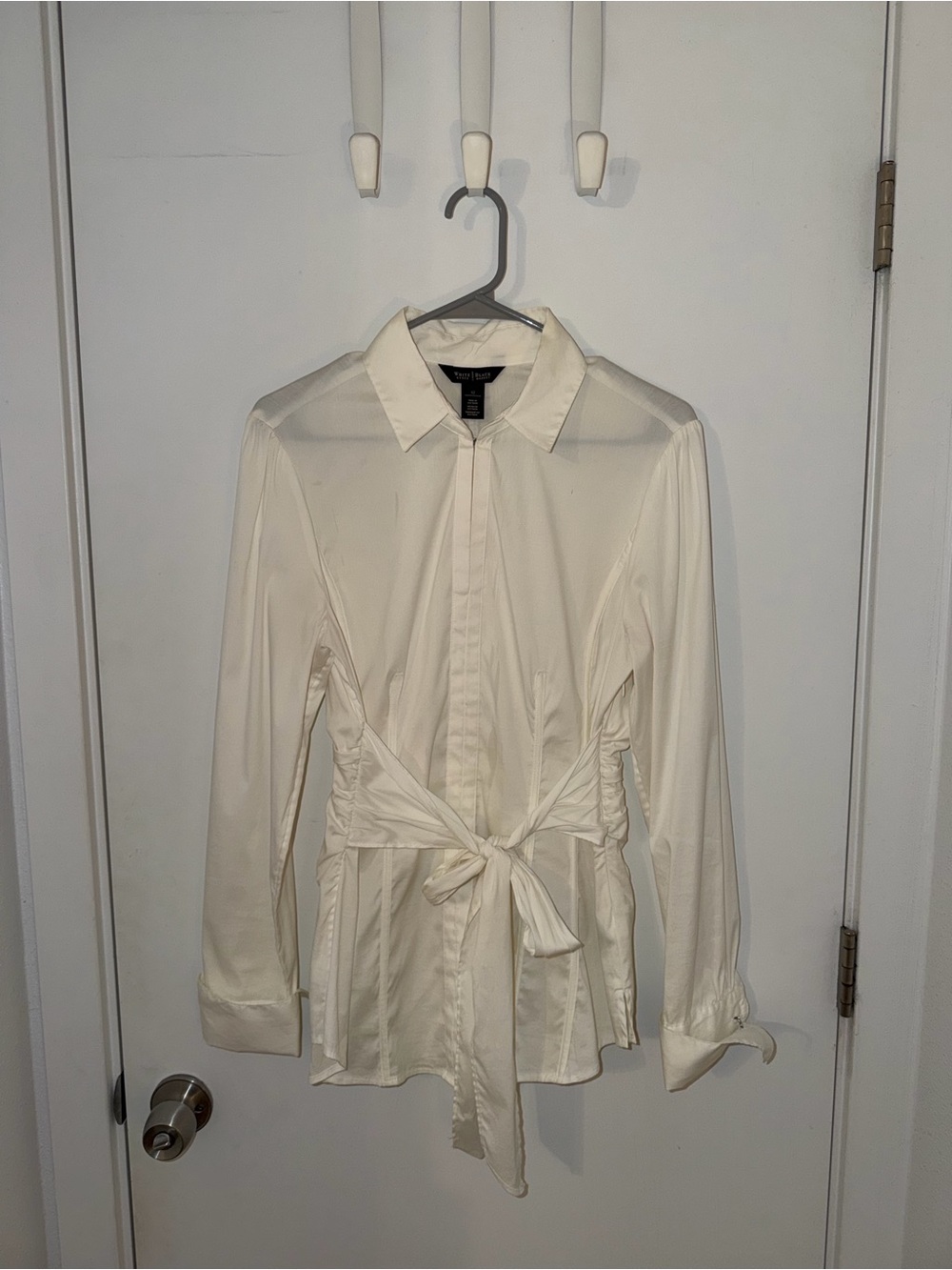 White House Black Market Cream Tie-Waist Button Front Blouse